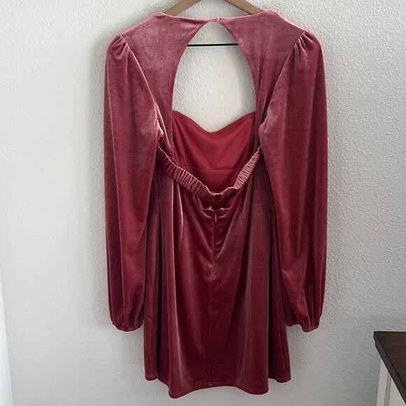 Forever 21 Long Sleeve Babydoll Pink Velour Mini Dress Squared Neckline M - Picture 2 of 6